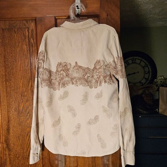 Bit & Bridle Horse Print Button-Down Shirt – Women's Medium – Cream Faux Suede - Picture 2 of 7